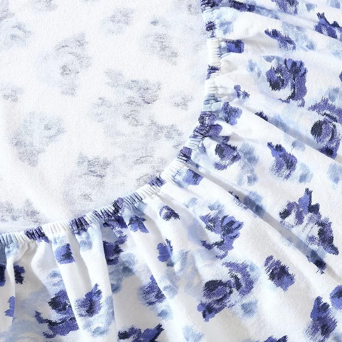 Laura Ashley - Flannel Sheets King Size, Anti-Pilling & Wrinkle Resistant Cotton, Touchably Soft for All-Season Comfort - Bed Sheets with Matching Pillowcases & Fitted Sheet (Emelisa Blue)