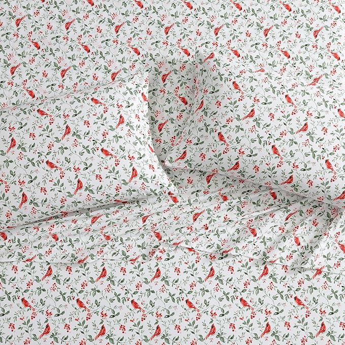 Laura Ashley - Flannel Sheets Queen Size, Anti-Pilling & Wrinkle Resistant Cotton, Touchably Soft for All-Season Comfort - Bed Sheets with Matching Pillowcases & Fitted Sheet (Jolly Cardinals Green)
