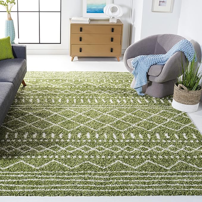 SAFAVIEH Arizona Shag Collection Area Rug - 6'7" Square, Green & Ivory, Moroccan Design, Non-Shedding & Easy Care, 1.6-inch Thick Ideal for High Traffic Areas in Living Room, Bedroom (ASG741X)