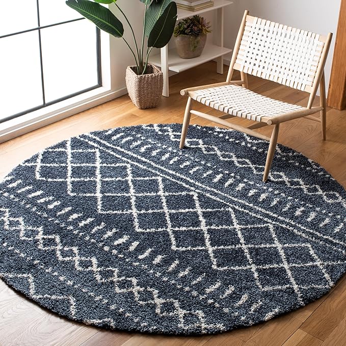 SAFAVIEH Arizona Shag Collection Area Rug - 5'1" Round, Slate Blue & Ivory, Moroccan Design, Non-Shedding, 1.6-inch Thick, Ideal for High Traffic Areas in Living Room, Bedroom (ASG741L-5R)
