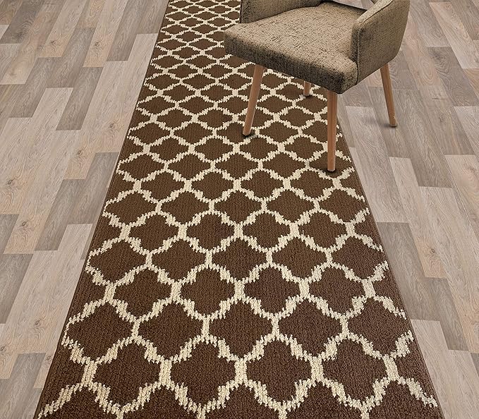 Custom Size Cut to Length Moroccan Trellis Design Runner Rug Mat For Wide Long Hallways with Non-Slip Rubber Backing, Better Traction for Pets, Prevent Slippage, Trellis Brown, 31 inch X 13 feet