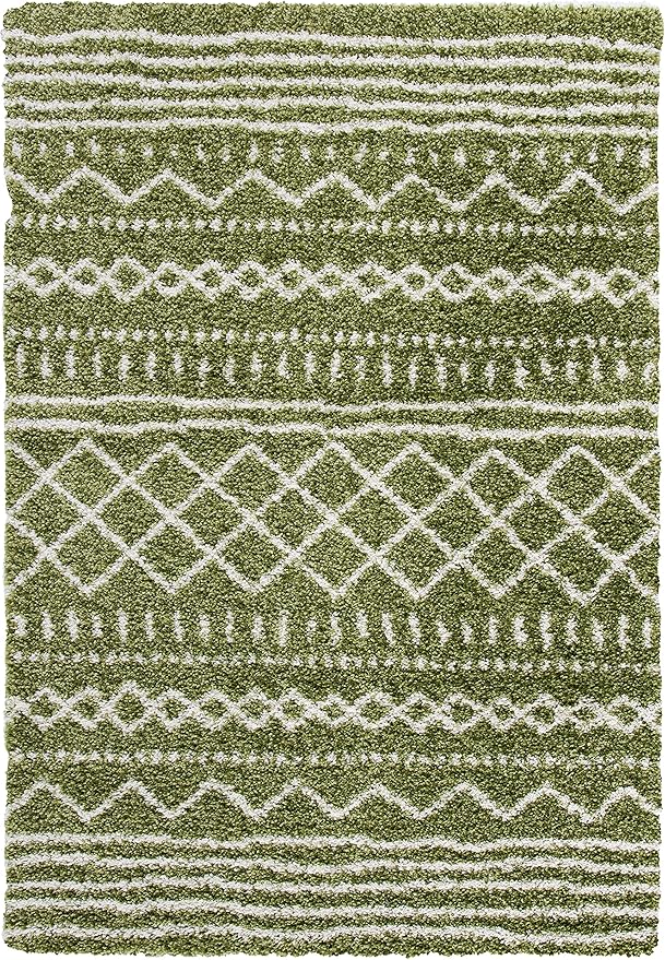 SAFAVIEH Arizona Shag Collection Accent Rug - 3'2" x 5', Green & Ivory, Moroccan Design, Non-Shedding & Easy Care, 1.6-inch Thick Ideal for High Traffic Areas in Foyer, Living Room, Bedroom (ASG741X)