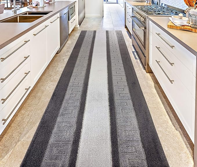 Custom Length Cut to Size Ancient Latin Hellenic Motif Carpet Runner Rug for Hallways, Non Slip Rubber Backed, 31 inch Wide X Customized Length, Greek Key Grey, 31 inch X 25 feet