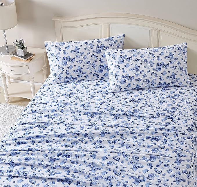 Laura Ashley - Flannel Sheets Queen Size, Anti-Pilling & Wrinkle Resistant Cotton, Touchably Soft for All-Season Comfort - Bed Sheets with Matching Pillowcases & Fitted Sheet (Emelisa Blue)