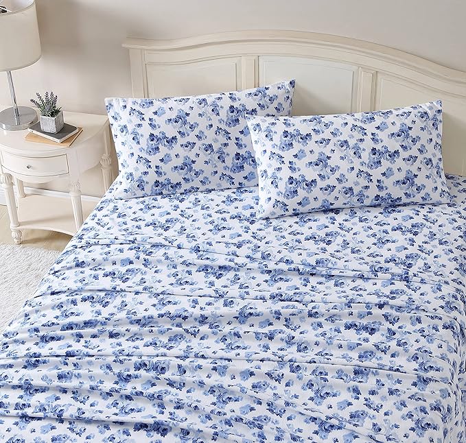 Laura Ashley - Flannel Sheets King Size, Anti-Pilling & Wrinkle Resistant Cotton, Touchably Soft for All-Season Comfort - Bed Sheets with Matching Pillowcases & Fitted Sheet (Emelisa Blue)