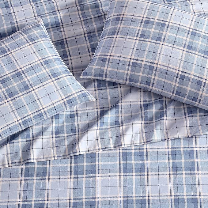 Laura Ashley - Flannel Sheets Full Size, Anti-Pilling & Wrinkle Resistant Cotton, Touchably Soft for All-Season Comfort - Bed Sheets with Matching Pillowcases & Fitted Sheet (Mulholland Plaid Blue)