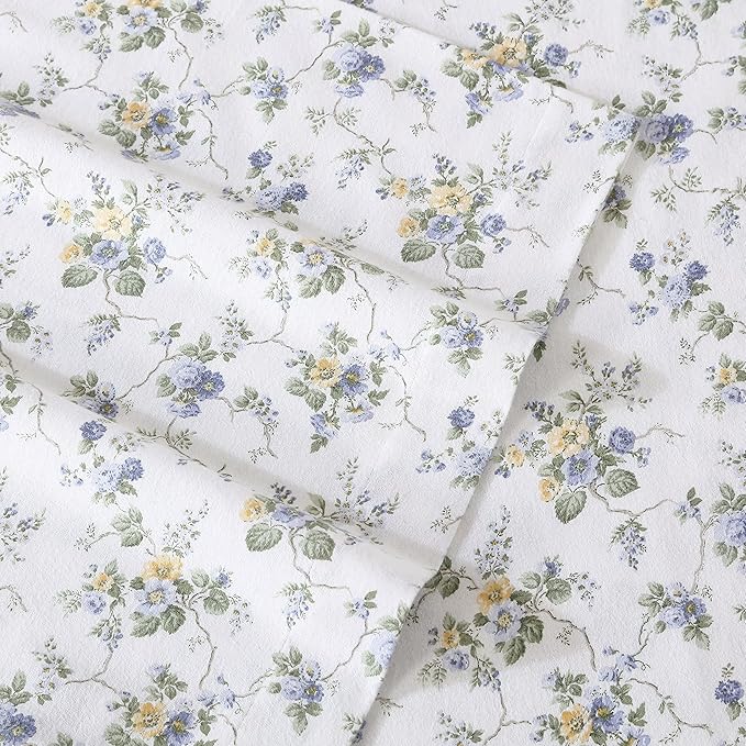 Laura Ashley - Flannel Sheets Twin Size, Anti-Pilling & Wrinkle Resistant Cotton, Touchably Soft for All-Season Comfort - Bed Sheets with Matching Pillowcase & Fitted Sheet (Le Fleur Cottage Blue)