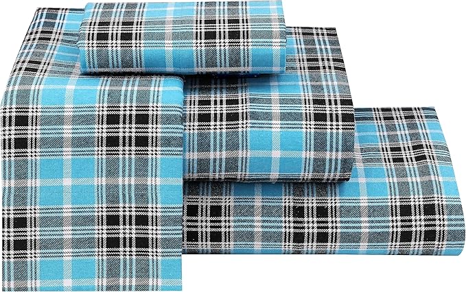 RUVANTI Flannel Sheets Queen Size - 100% Cotton Double Brushed Bed Sheets, Deep Pockets 16 Inches Queen Sheet Set, All Seasons Breathable & Extra Soft - Warm & Cozy, 4 Piece, Teal Plaid