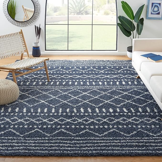 SAFAVIEH Arizona Shag Collection Area Rug - 9' x 12', Slate Blue & Ivory, Moroccan Design, Non-Shedding & Easy Care, 1.6-inch Thick Ideal for High Traffic Areas in Living Room, Bedroom (ASG741L)