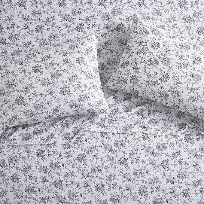 Laura Ashley - Flannel Sheets Queen Size, Anti-Pilling & Wrinkle Resistant Cotton, Touchably Soft for All-Season Comfort - Bed Sheets with Matching Pillowcases & Fitted Sheet (Faye Toile Black)