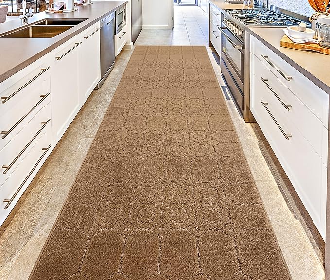 Custom Size Modern Abstract Floor Carpet Runner Rug for Hallways, Slip Resistant Latex Rubber Backed, 31 inch Wide X Customized Length, Art Gold Tan, 31 inch X 28 feet