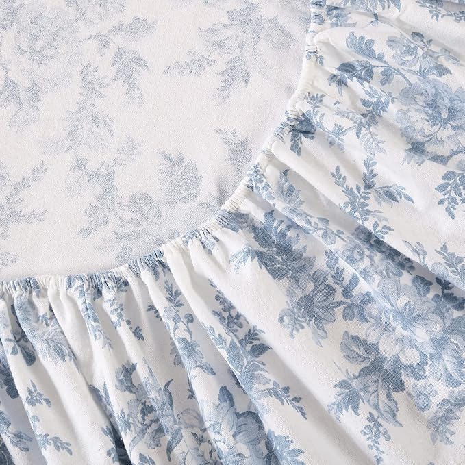 Laura Ashley - Flannel Sheets Queen Size, Anti-Pilling & Wrinkle Resistant Cotton, Touchably Soft for All-Season Comfort - Bed Sheets with Matching Pillowcases & Fitted Sheet (Vanessa Blue)