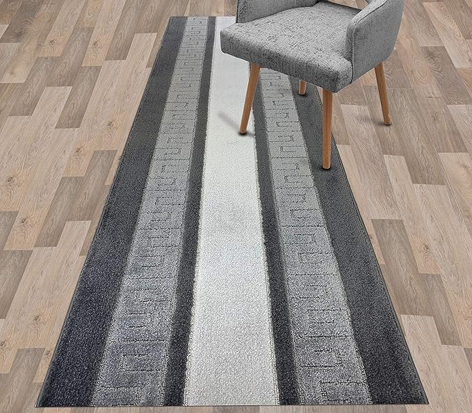 Custom Length Cut to Size Ancient Latin Hellenic Motif Carpet Runner Rug for Hallways, Non Slip Rubber Backed, 31 inch Wide X Customized Length, Greek Key Grey, 31 inch X 28 feet