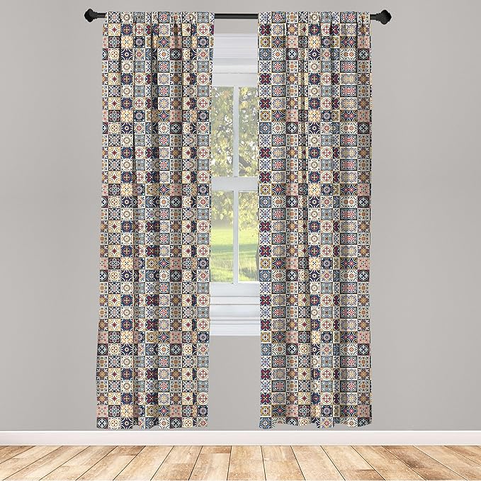 Ambesonne Moroccan Window Curtains, Portuguese Azulejo Checkered Squares Colorful Pattern Floral Arrangement, Lightweight Decor 2-Panel Set with Rod Pocket, Pair of - 28" x 95", Dark Blue Amber Red