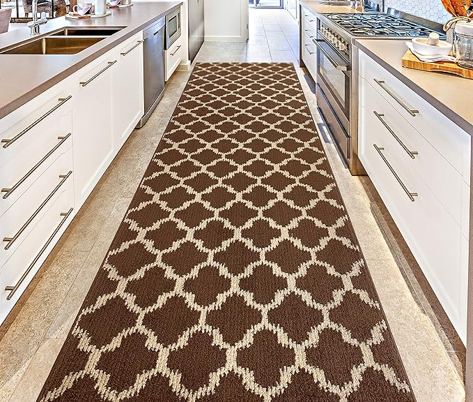 Custom Size Cut to Length Moroccan Trellis Design Runner Rug Mat For Wide Long Hallways with Non-Slip Rubber Backing, Better Traction for Pets, Prevent Slippage, Trellis Brown, 31 inch X 30 feet