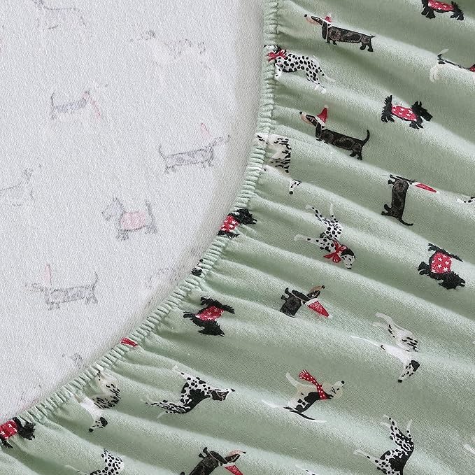 Laura Ashley - Flannel Sheets Twin Size, Anti-Pilling & Wrinkle Resistant Cotton, Touchably Soft for All-Season Comfort - Bed Sheets with Matching Pillowcase & Fitted Sheet (Holiday Pups Green)